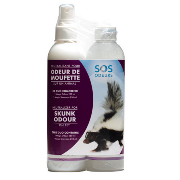 Duo neutralisant d'odeurs de moufette pour animaux : shampoing et neutralisant d’odeurs de moufette
