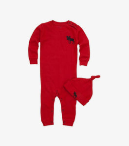 Pyjama et bonnet – Orignal sur fond rouge